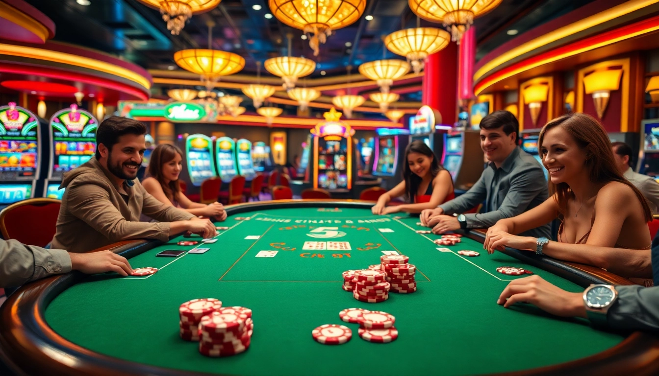 Spieler genießen spannende Pokerpartien im spassino casino mit einem eleganten Tisch und lebhaften Farben.