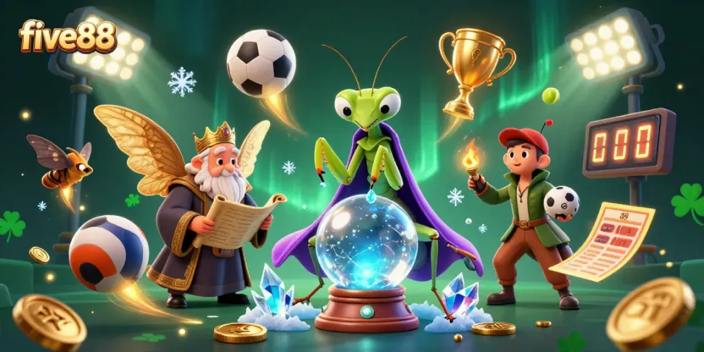 Place your bets with five88 as the fortune teller reveals winning strategies amid vibrant casino elements.