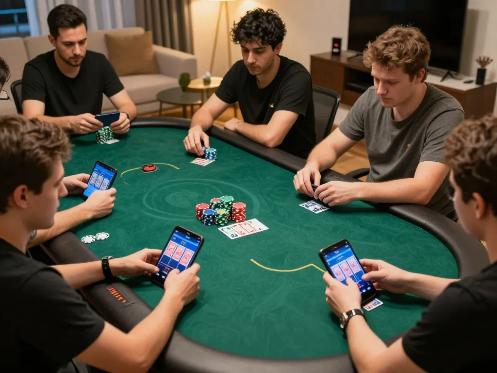 Engaged players participating in online poker through 33win com, showcasing excitement and strategy in a cozy home setting.