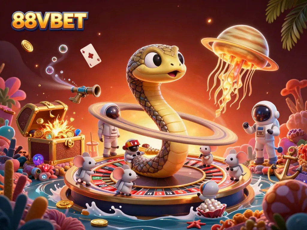 Engage in gambling fun with 88VBET's cosmic themed casino scene showcasing a roulette wheel and animated bets.