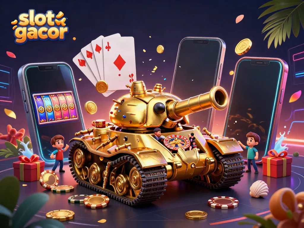 Engage with the slot gacor experience in a vibrant 3D casino scene, featuring a golden beetle tank and dynamic game elements.