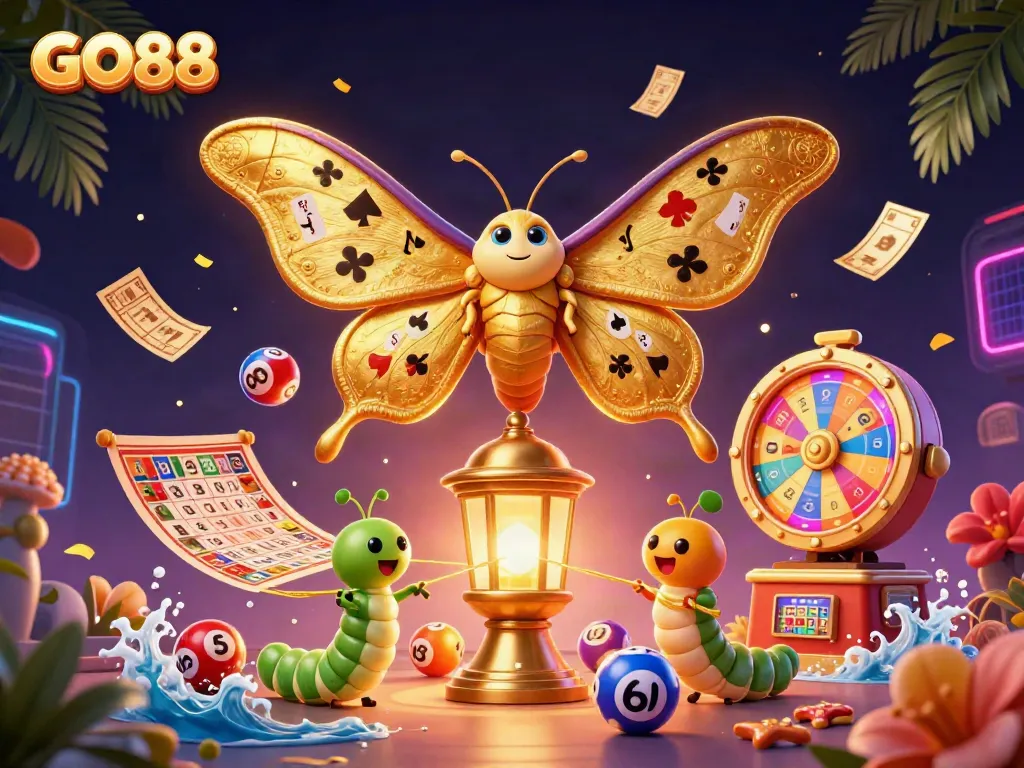 Experience the excitement of GO88 through a vibrant casino scene featuring a majestic atlas moth and colorful games.