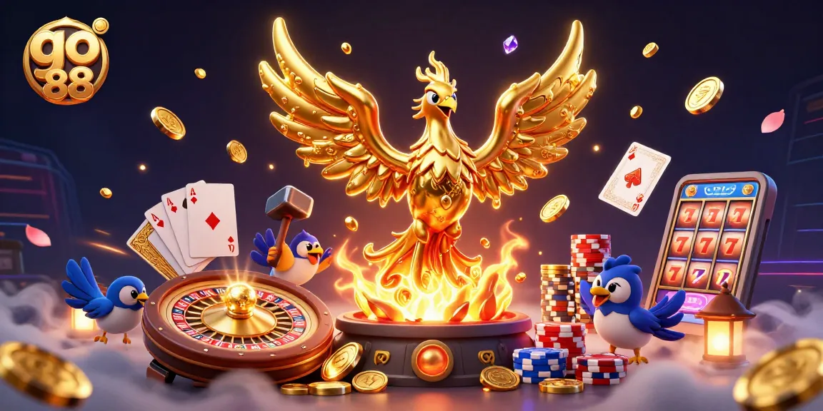 Experience the excitement of go 88 with a golden phoenix, coins, and vibrant casino elements swirling around.