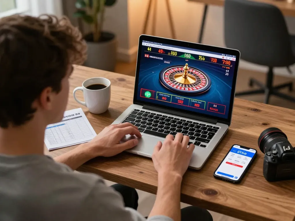 Player using the fc88 online casino app on their laptop, home setup with engaging gameplay atmosphere