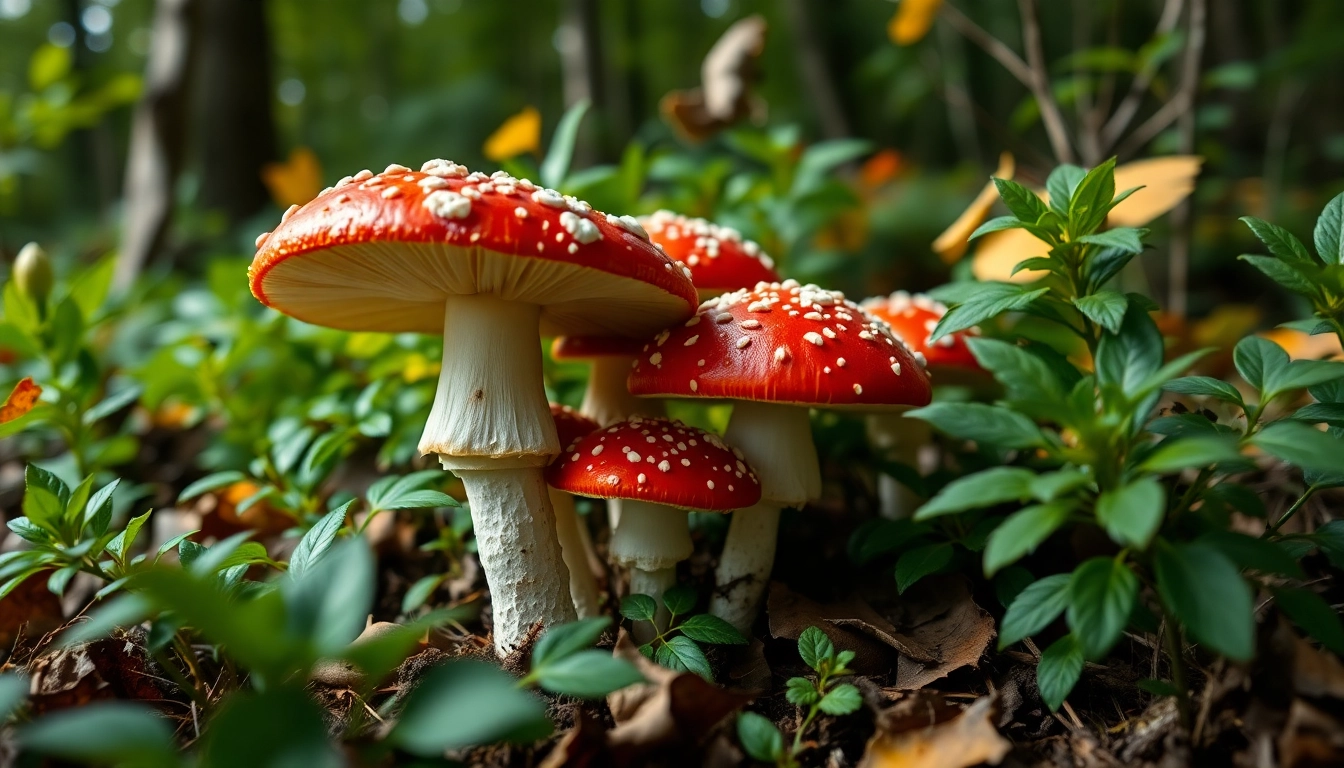 Fliegenpilz kaufen: Hochwertige frische Fliegenpilze in einem natürlichen Waldumfeld präsentieren