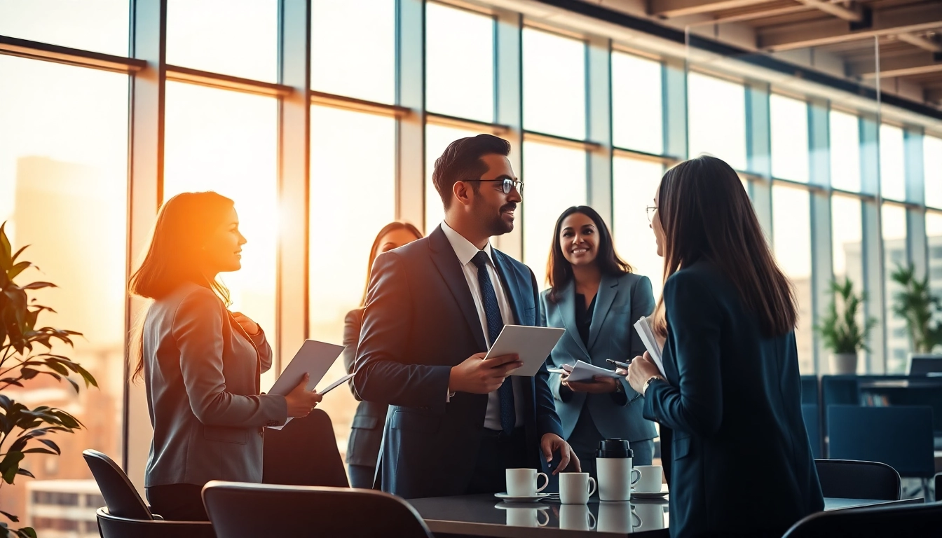Headhunter CEO engaging diverse candidates in a modern office.