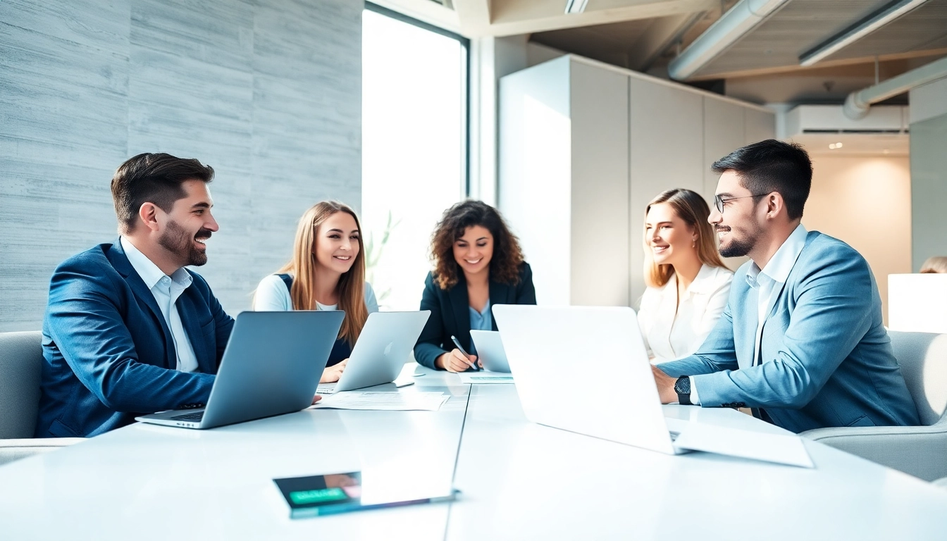 Professionals collaborating in a modern office setting, showcasing the expertise of Headhunter Monchengladbach.