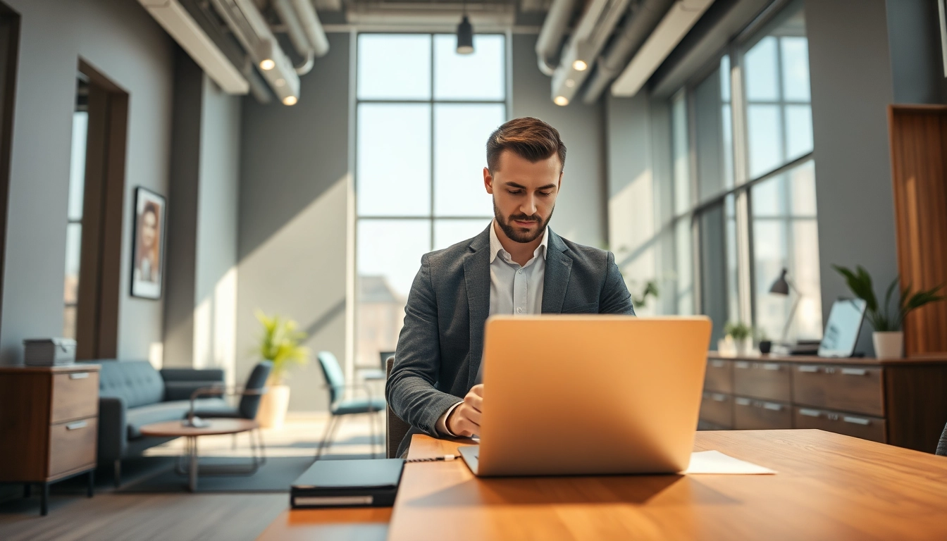 Headhunter Köln arbeitet professionell in modernem Büro-Setting.