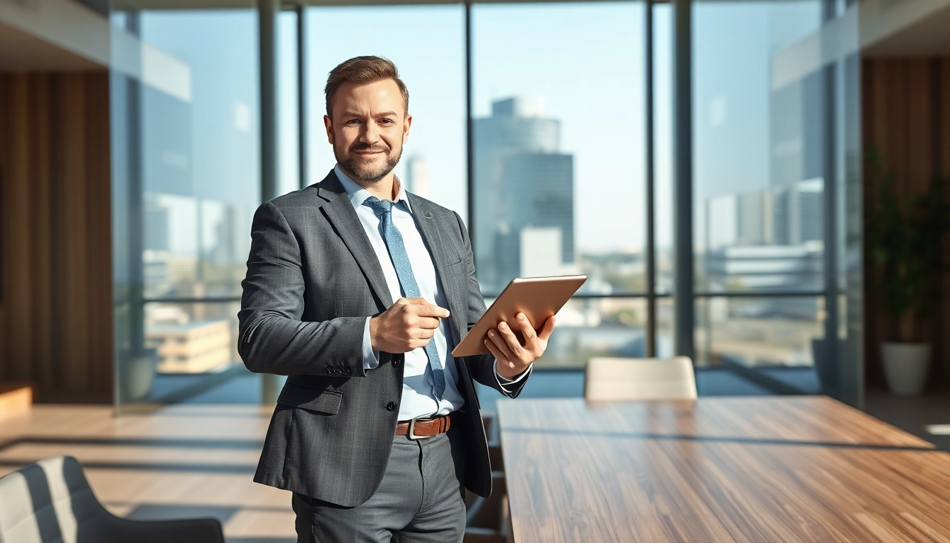 Headhunter Geschäftsführer präsentiert sein Know-how in modernem Büro mit Tablet.