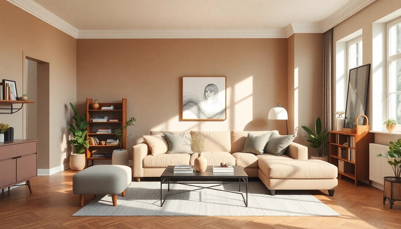 Elegante Raumgestaltung eines modernen Wohnraums mit harmonischer Farbpalette und stilvollen Möbeln.