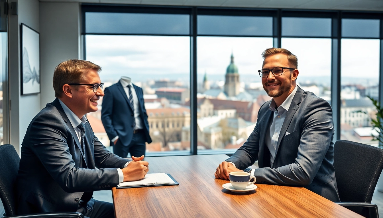 Headhunter Nürnberg berät Kandidaten in modernem Büro, mit Stadtblick und entspannter Atmosphäre.