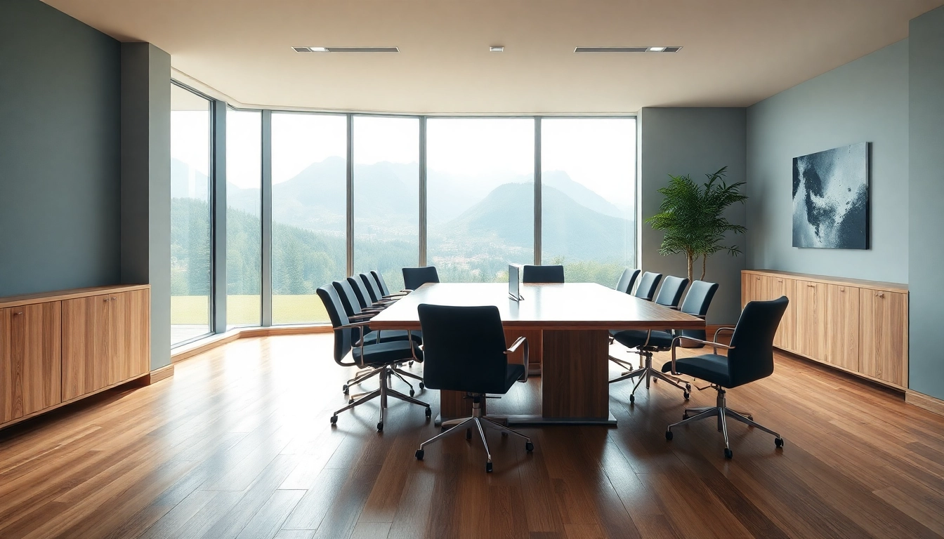 Moderne Büroumgebung für Headhunter Schweiz mit einem eleganten Besprechungstisch und Blick auf die Schweizer Landschaft.