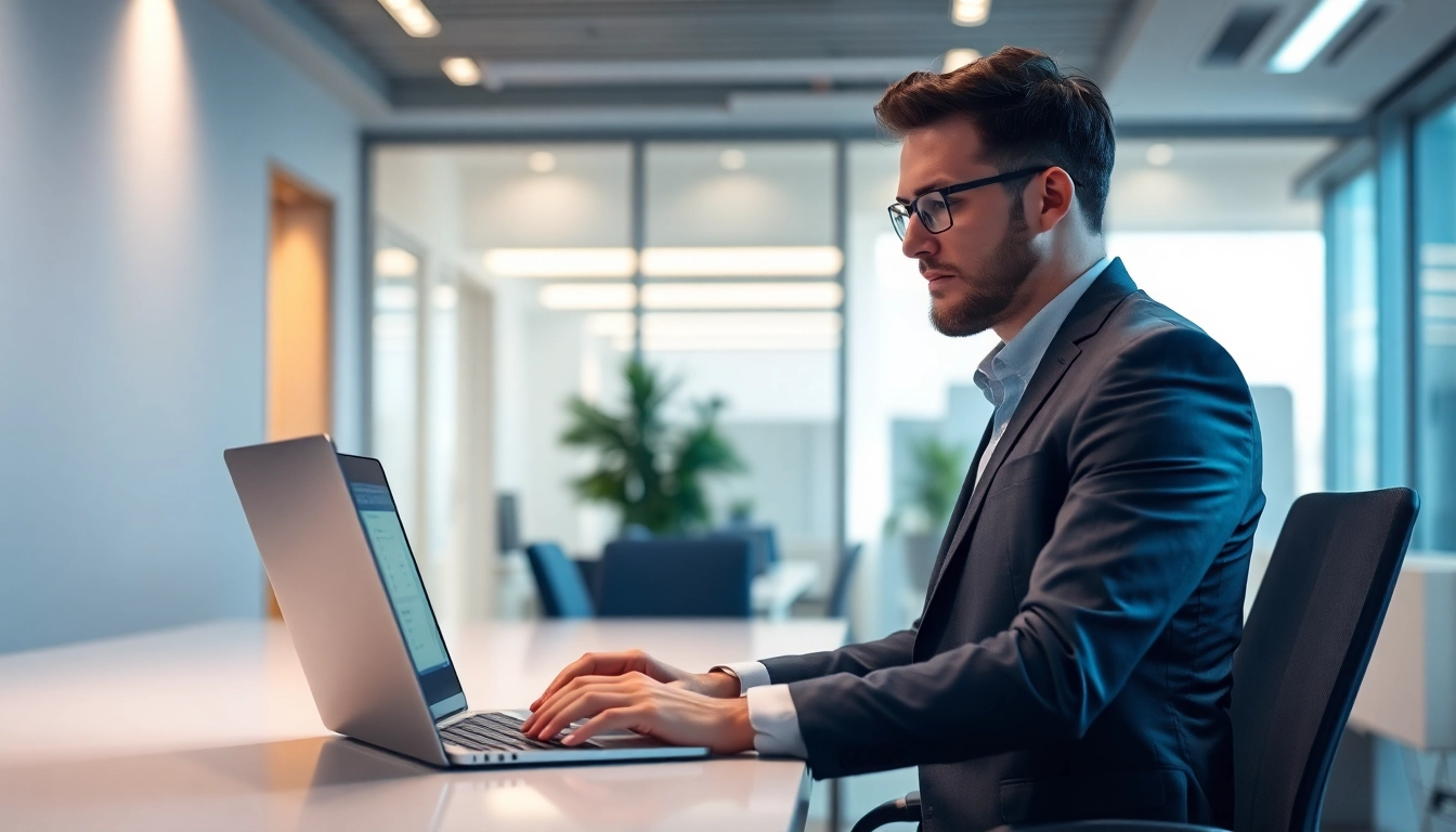 Headhunter IT arbeitet fokussiert am Laptop in einem modernen Büro.