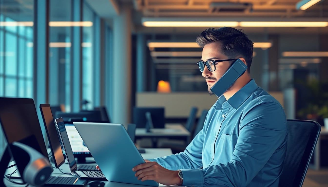 Headhunter IT prüft Lebenslauf in modernem Büro mit technischen Geräten.