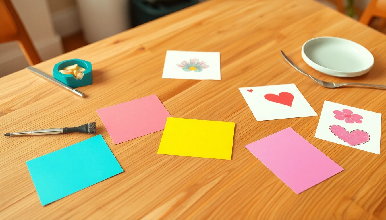 Karten gestalten Schweiz: Kreative Design-Ideen für individuell gestaltete Karten auf einem Holztablett.