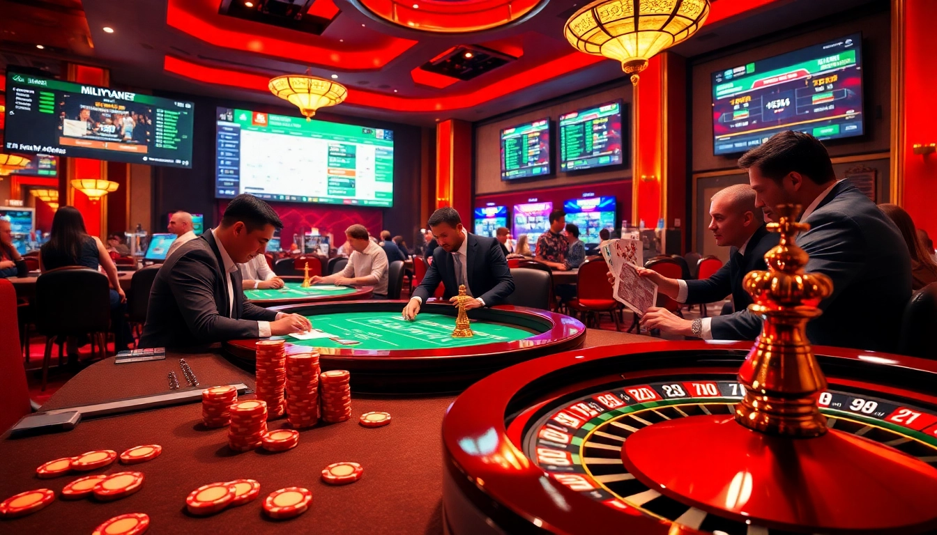 Players enjoying intense gambling action at 733bet casino tables amidst vibrant colors.