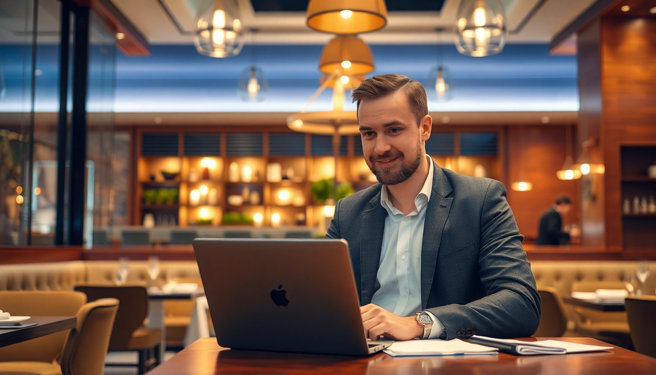 Headhunter Gastronomie bei der Arbeit in einem eleganten Restaurant, umgeben von hochwertiger Umgebung.