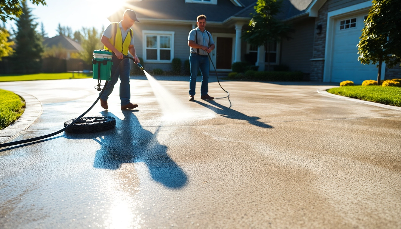 Driveway pressure wash by professionals revitalizing a residential concrete surface.