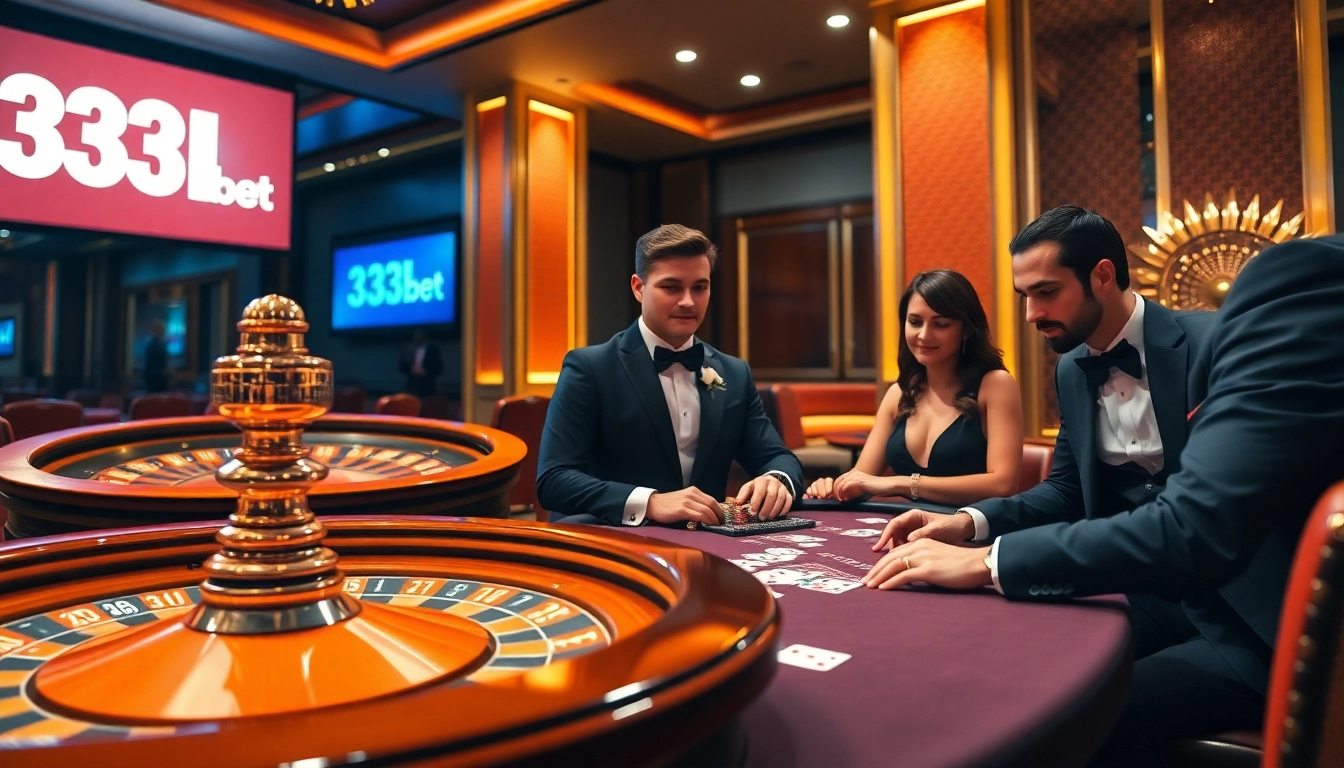 Players enjoying a thrilling poker game at 333bet's luxurious casino table.