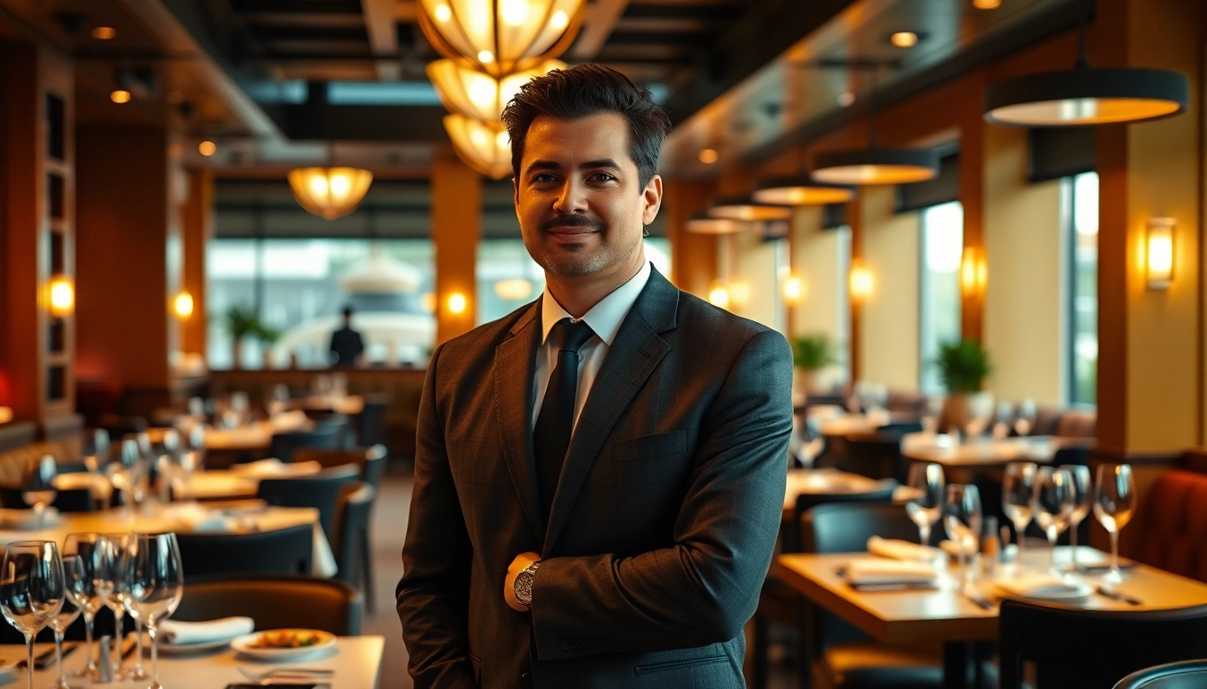 Headhunter Gastronomie networking in an elegant restaurant setting while discussing top culinary talents.