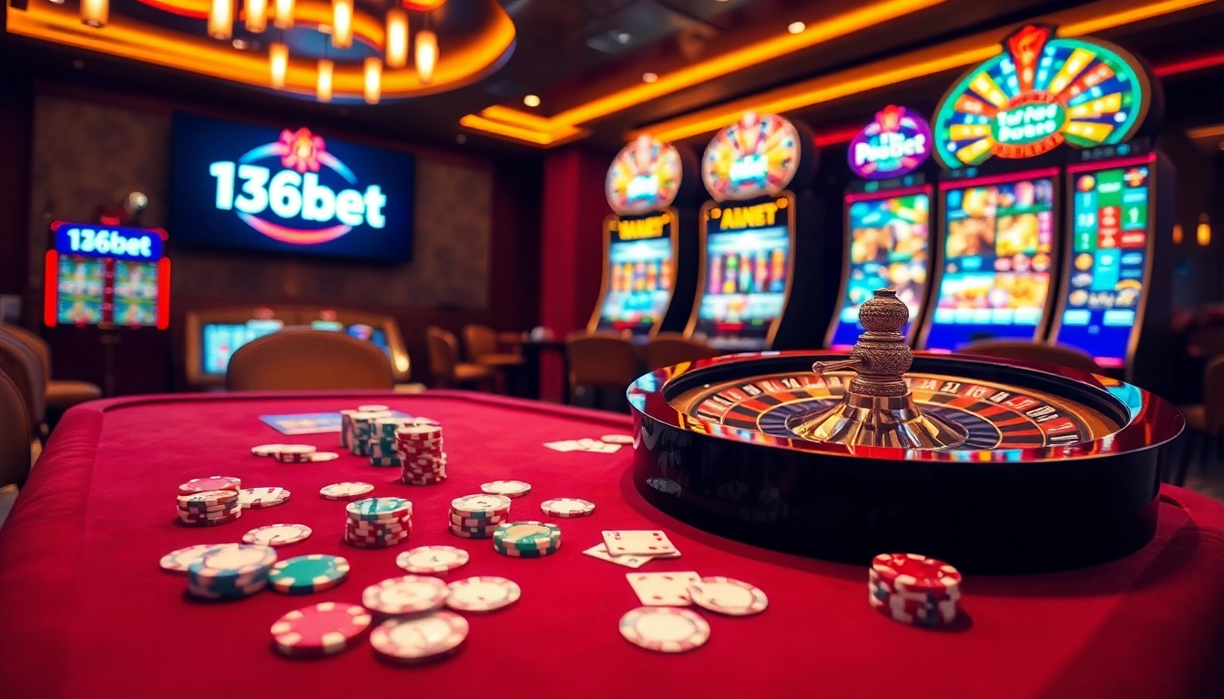 Experience the excitement of 136bet with vibrant casino tables, cards, and slot machines.