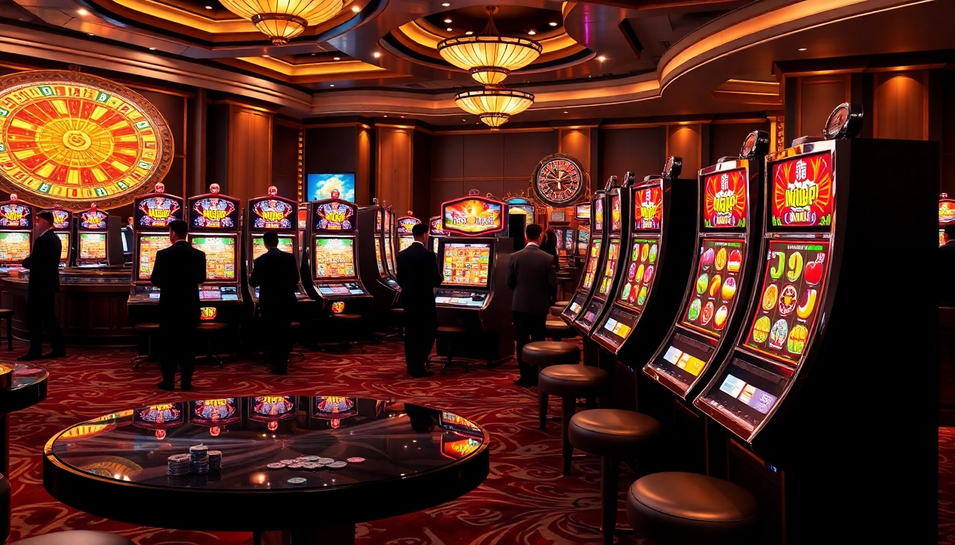 A thrilling scene of nổ hũ slot machines lighting up a luxurious casino, showcasing vibrant colors and excited players.