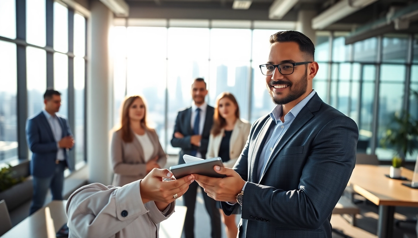 Headhunter Schweiz engages with clients in a modern office, conveying professionalism and success.