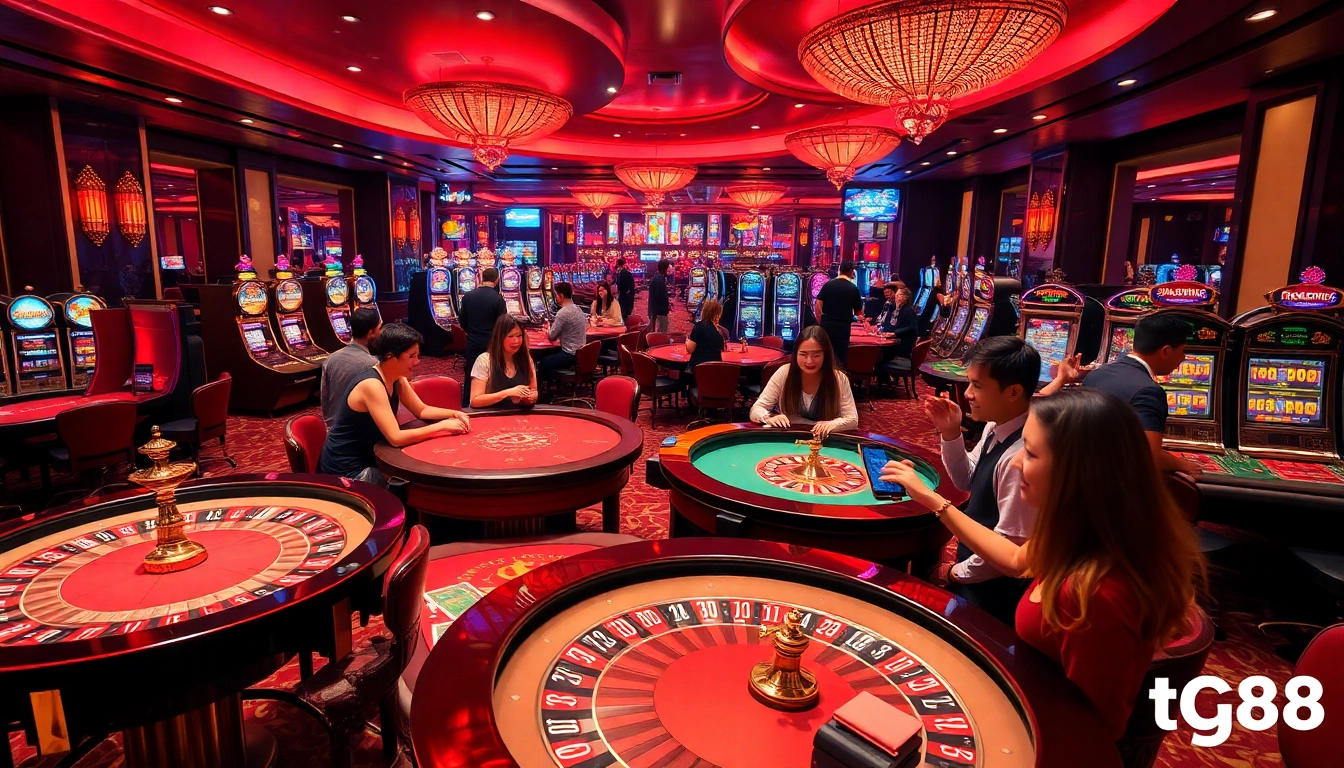 Experience the thrill of tg88 gambling in a luxurious casino with vibrant tables and engaging players.