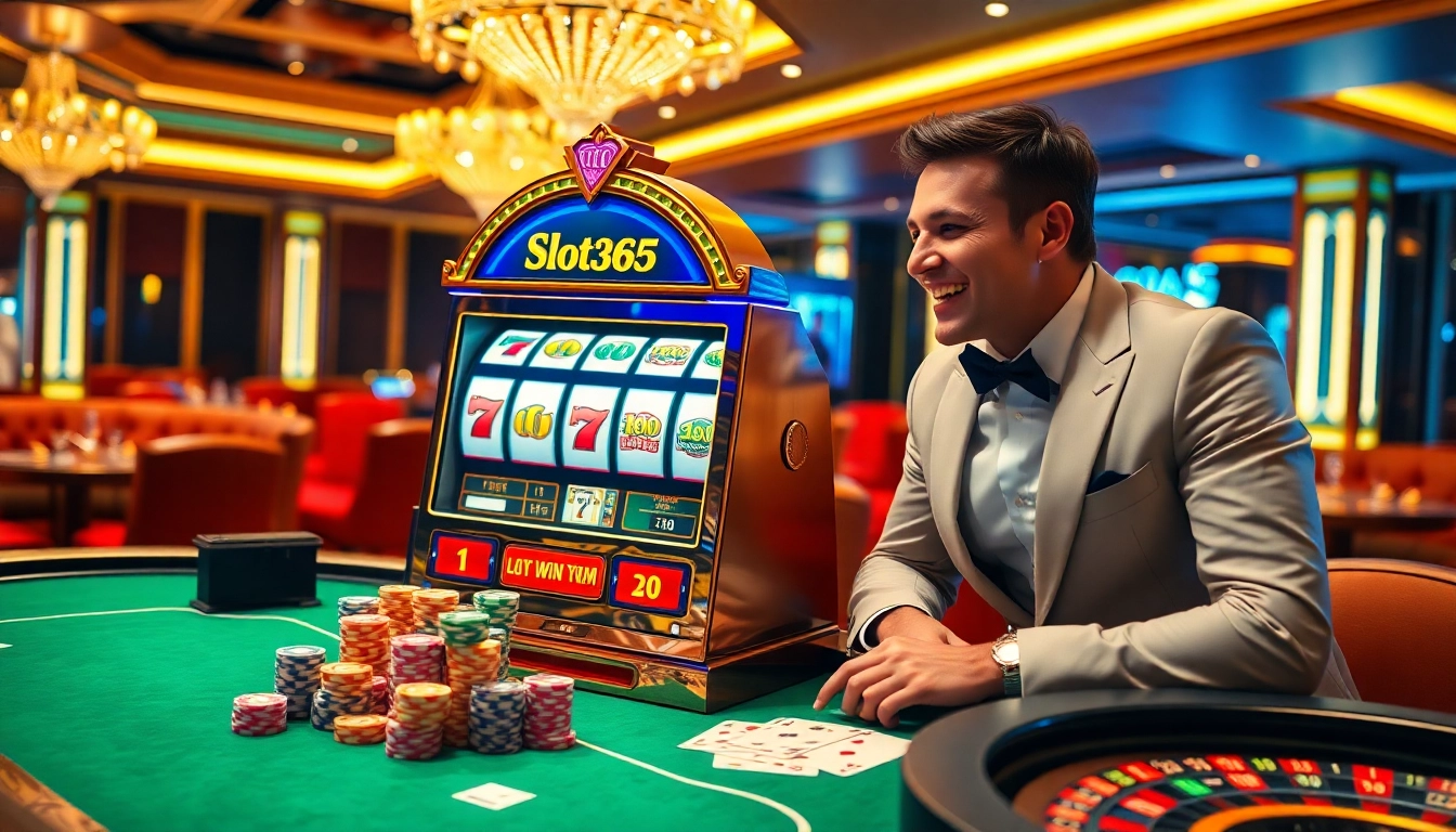 Playing the vibrant slot365 machine amid a luxurious casino atmosphere filled with excitement.