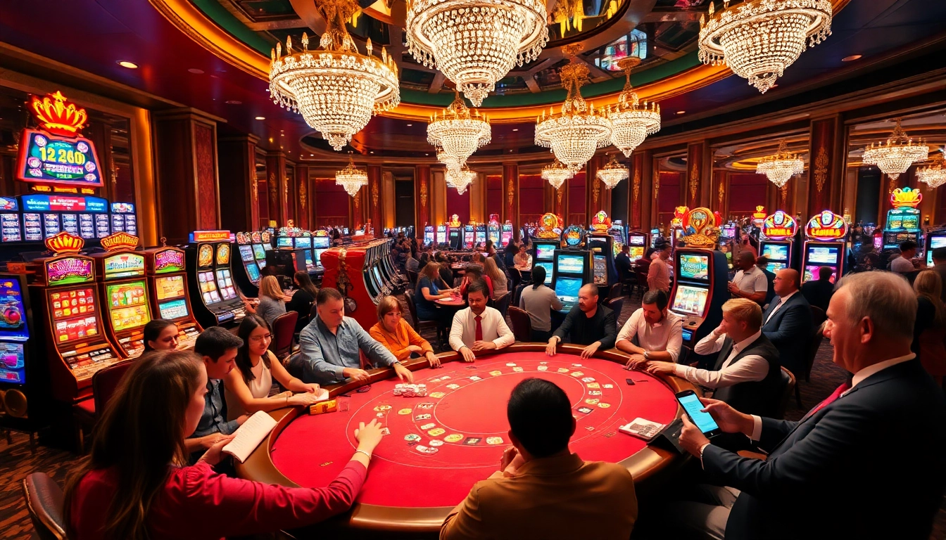 Exciting casino scene showcasing slot365 with vibrant slot machines and live dealers