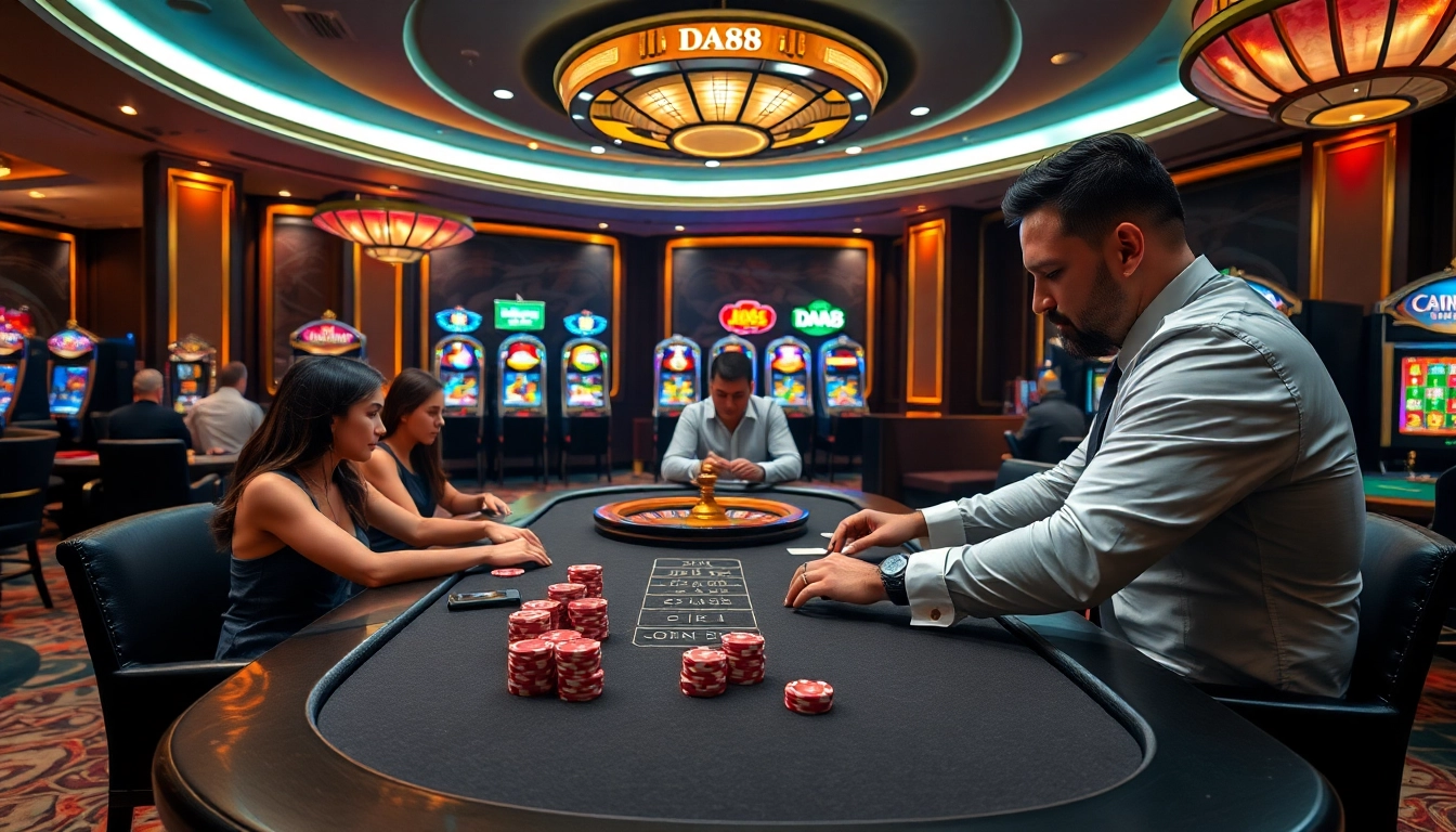 DA88 poker players engaging in thrilling gameplay at a luxurious casino table.