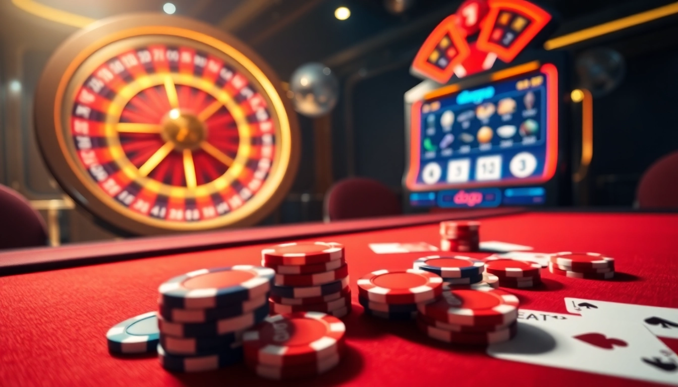 Daga: Online casino scene with vibrant poker chips and dynamic slot machines.