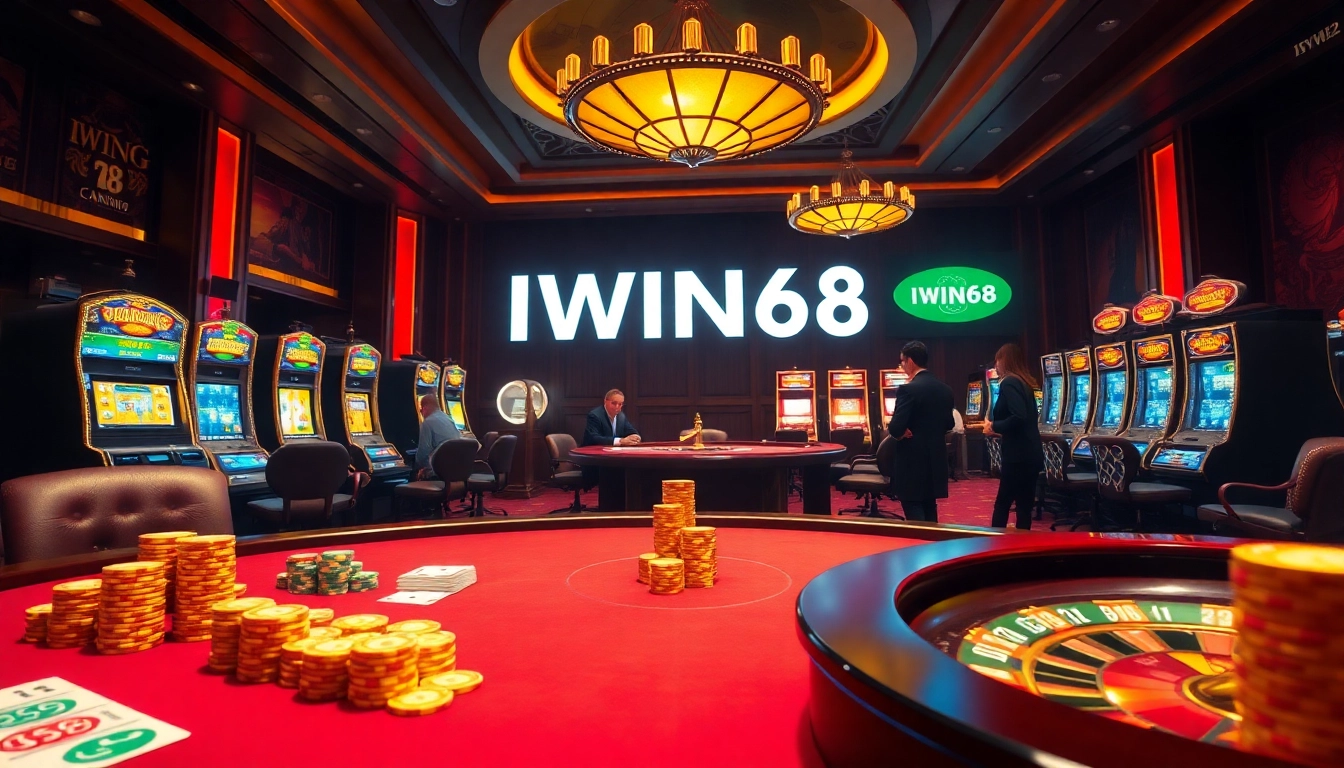 IWIN68 engaging players enjoying a vibrant casino scene with poker, roulette, and slot machines.