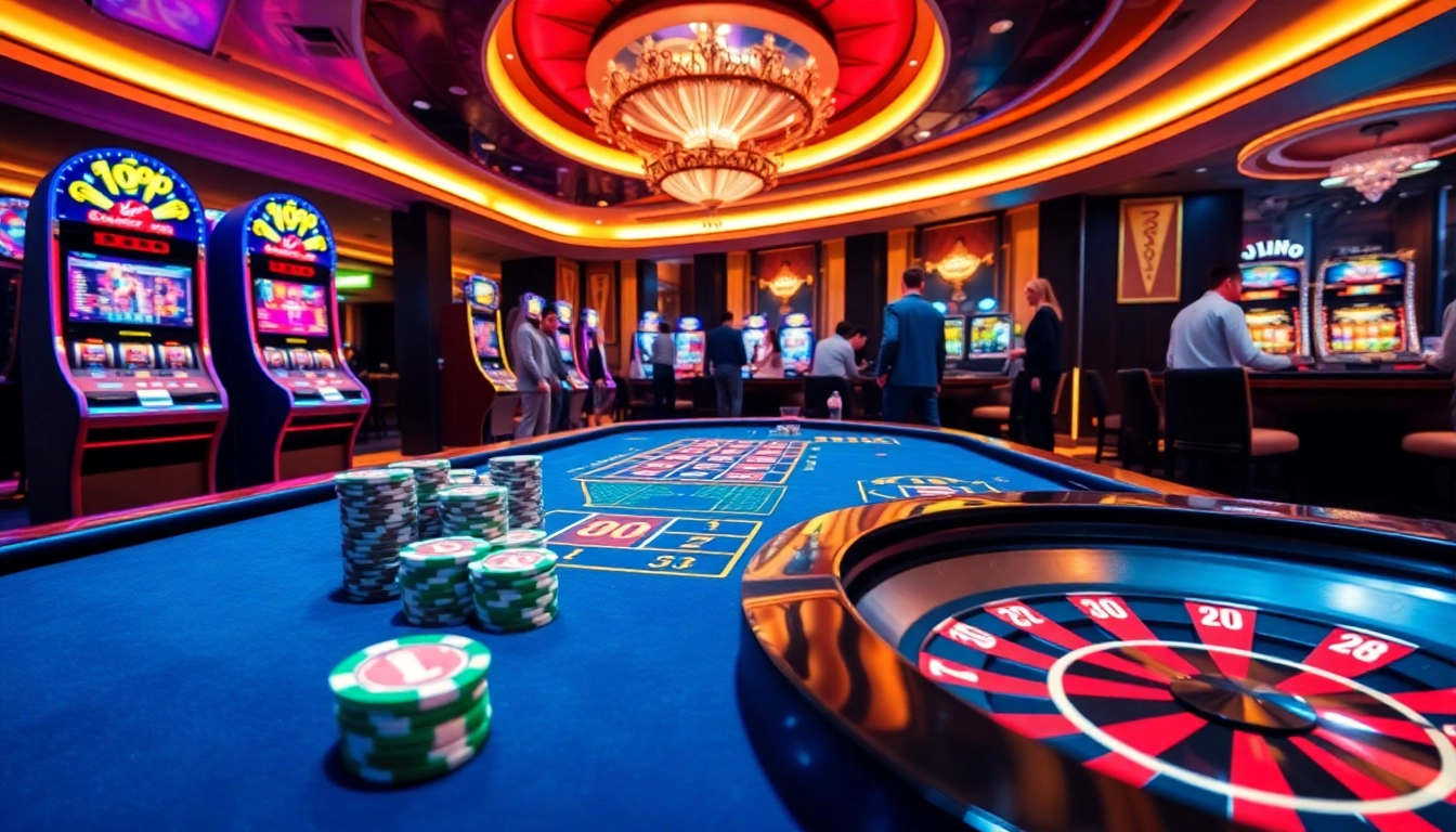 Players enjoying a thrilling game at Jun88 casino, featuring poker chips and slot machines.
