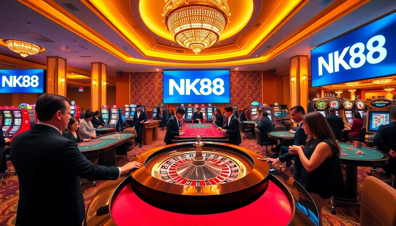 Players engaging in high-stakes gambling at NK88 casino, showcasing excitement and luxury.