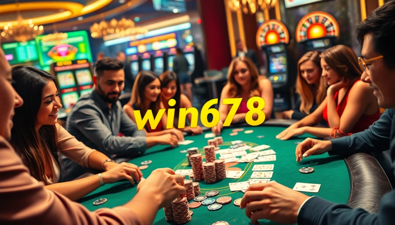 Experience the thrill of win678 with players at an exciting poker table, showcasing betting action and vibrant casino atmosphere.