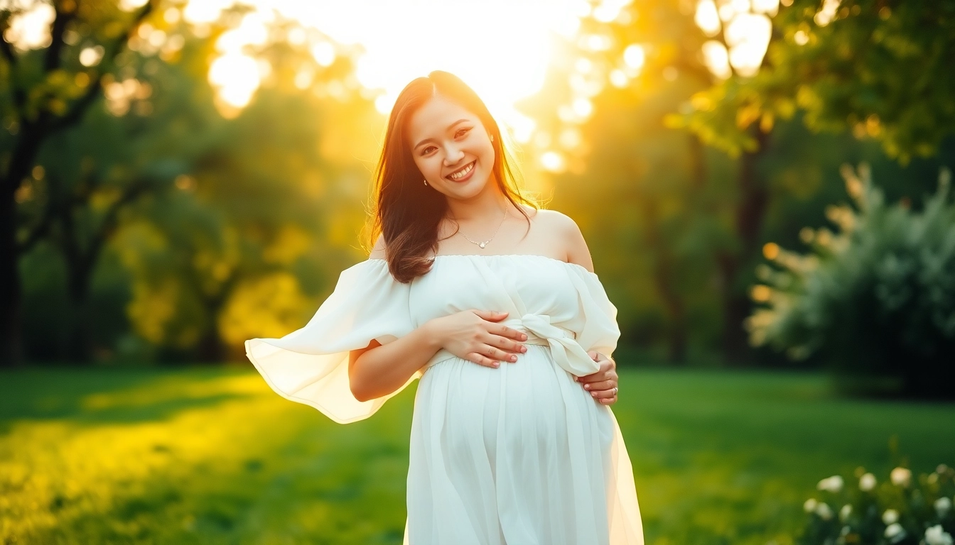 Schwangere Frau posiert für ein Babybauch Fotoshooting im Freien, umgeben von Natur.