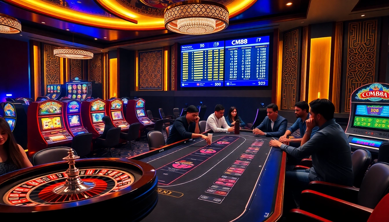 Engaging scene at CM88 casino featuring players at a poker table and roulette wheel.