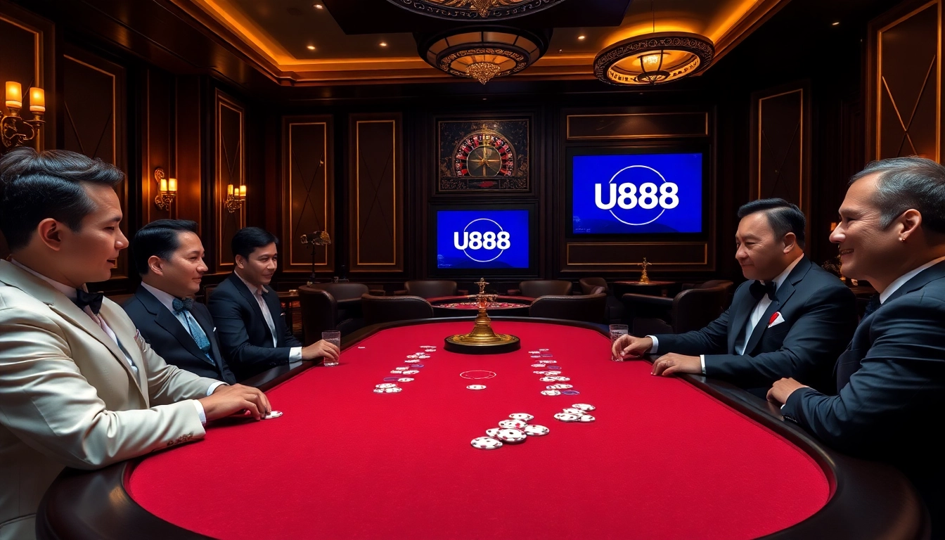 U888 players enjoying a professional poker game at a luxurious casino table filled with chips and cards.