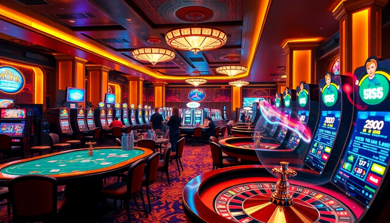 Experience the thrill of nohu900.ws in a vibrant casino environment, showcasing poker tables and slot machines.
