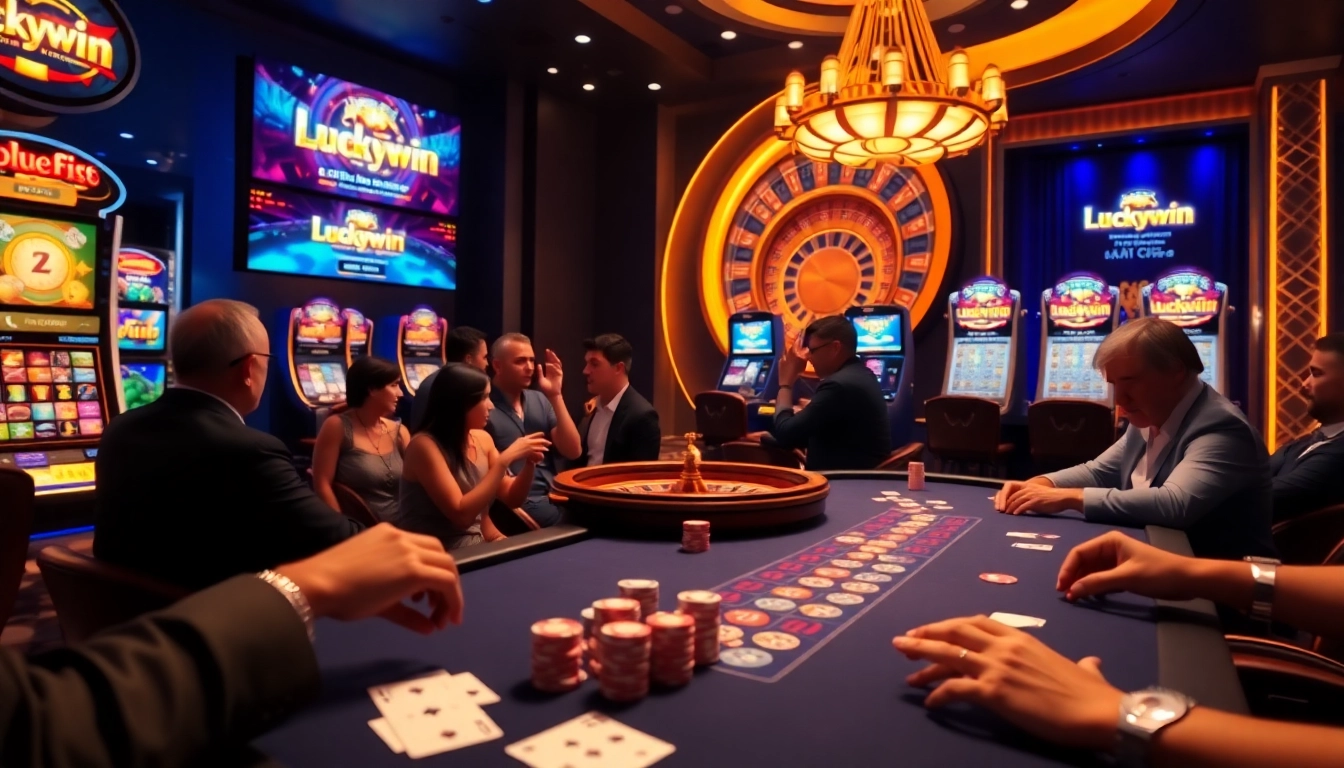 Visualize a thrilling casino ambiance at https://luckywin.tech/ with poker chips and a roulette wheel.