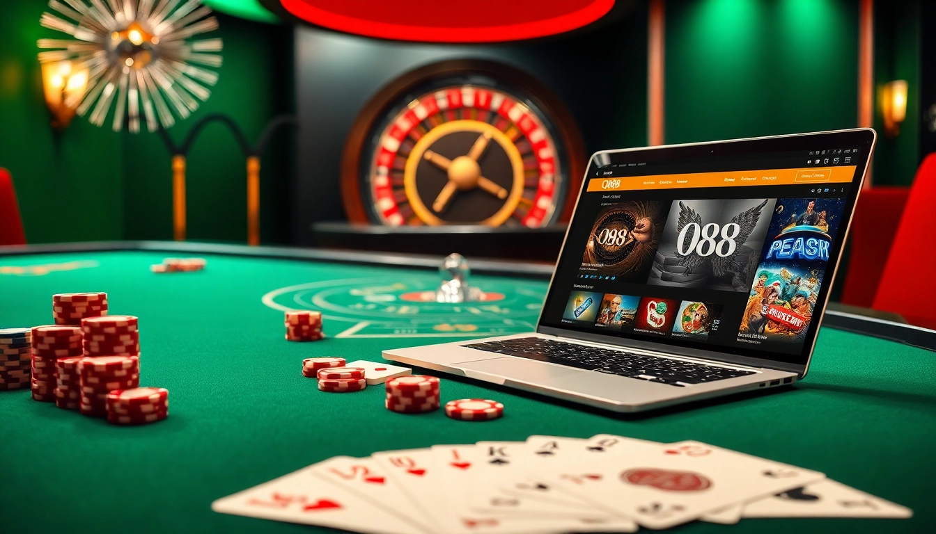Experience the thrill of qh88 with a vibrant casino scene featuring poker chips, cards, and roulette.