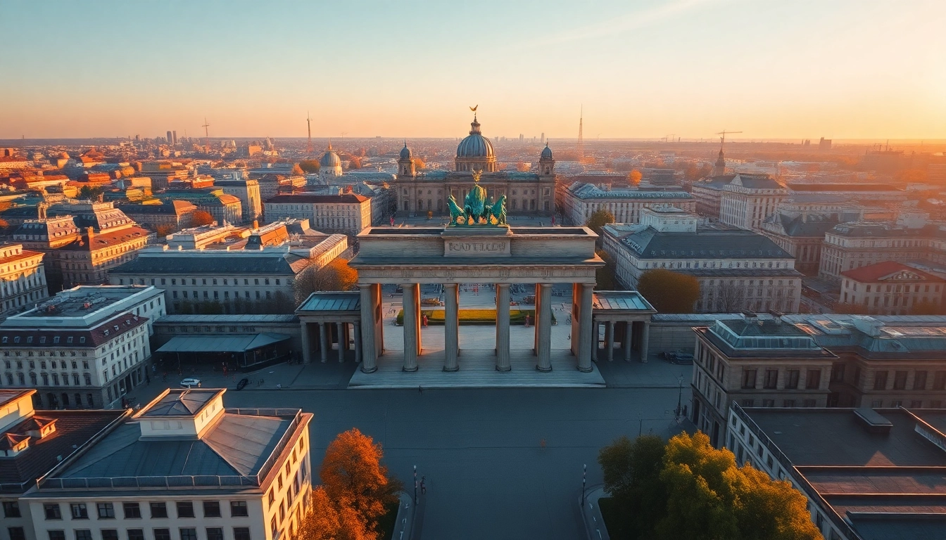 Drohnenfotos Berlin zeigen die beeindruckende Skyline und das Brandenburger Tor in seichter Abendbeleuchtung.
