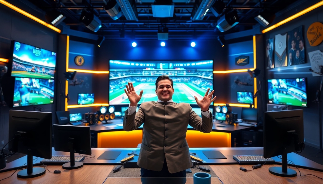 Engaging scene of sports broadcasting with a dynamic presenter and vibrant studio backdrop.