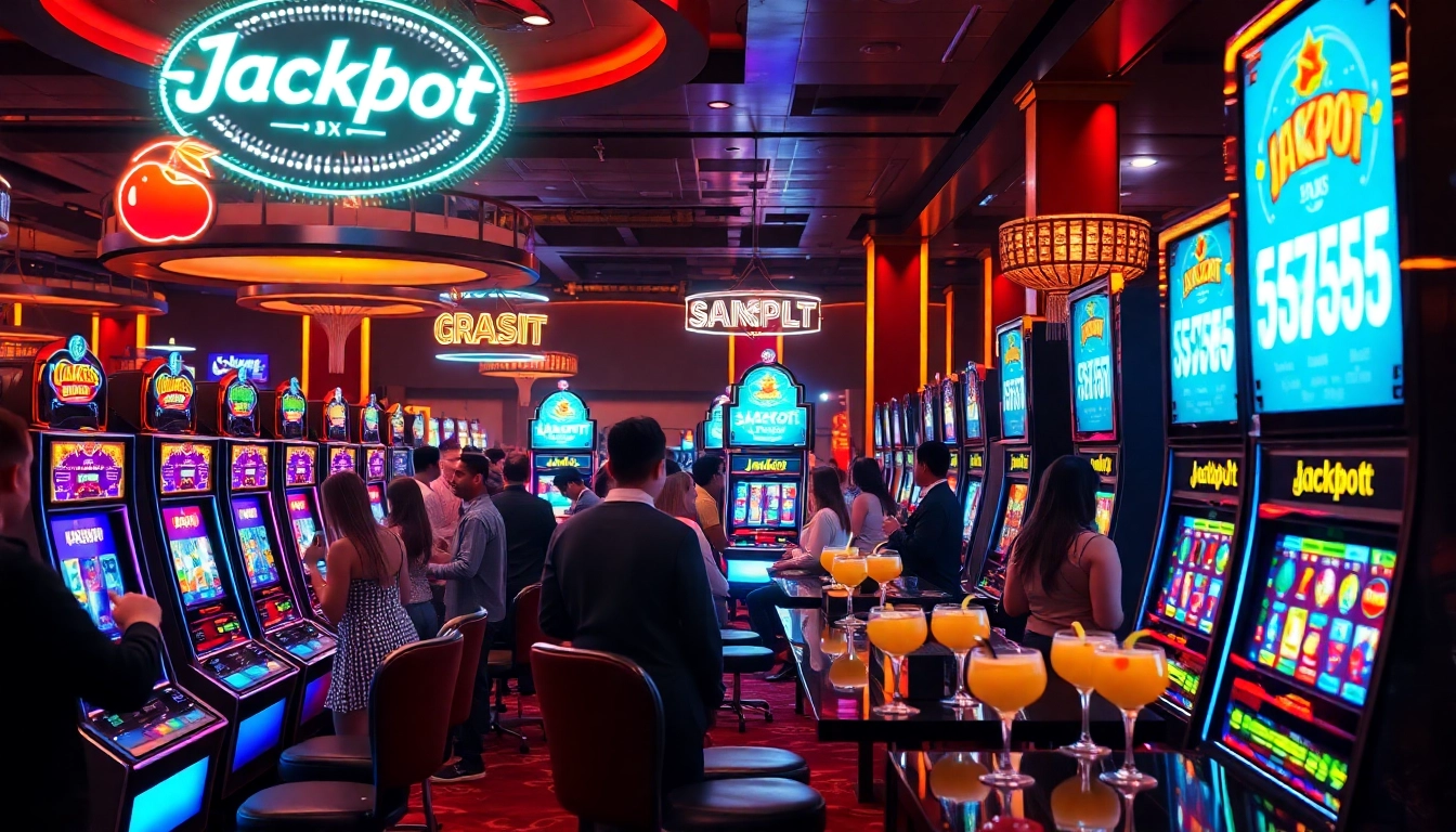 Sparking excitement in a vibrant slot365 casino atmosphere, featuring players engaging with colorful machines.