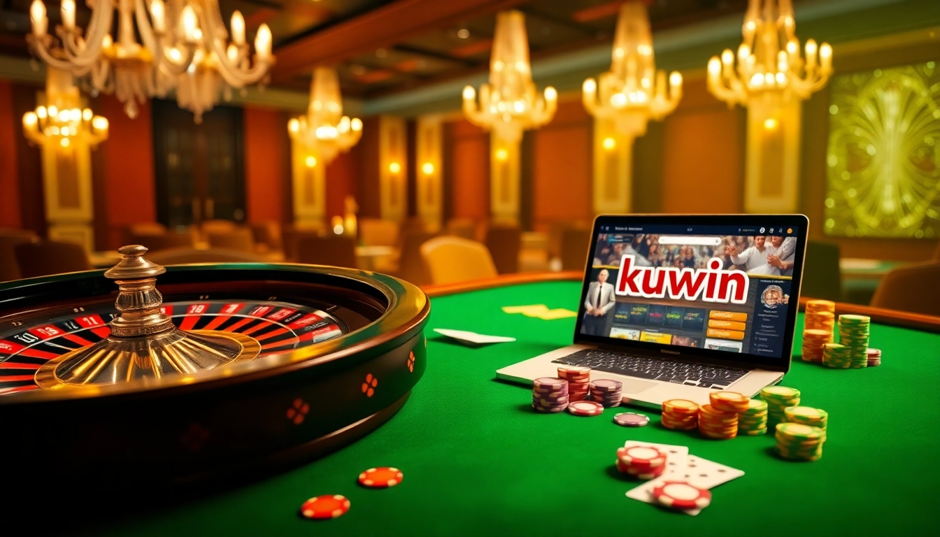 Engaging scene of kuwin đăng nhập featuring colorful poker chips and cards in a luxury casino.