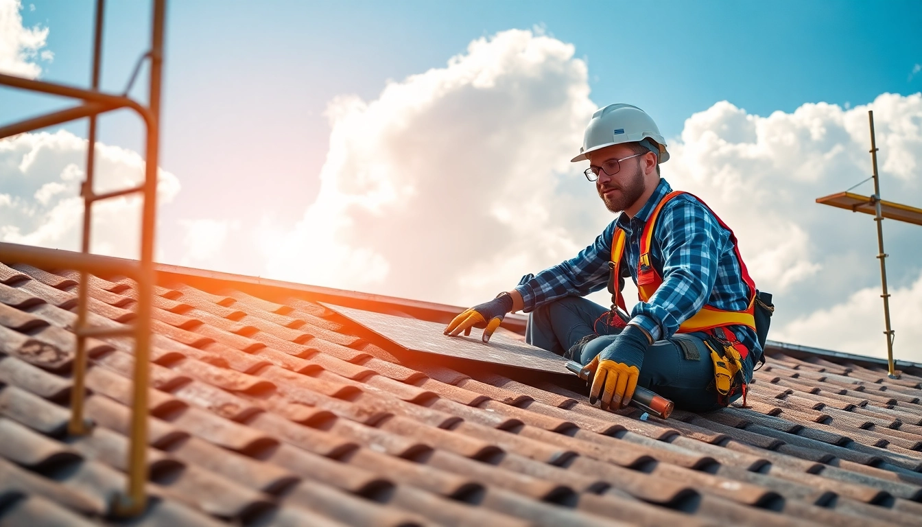 Gestalten Sie Ausschreibung Dacharbeiten professionell mit einem erfahrenen Dachdecker bei der Arbeit.