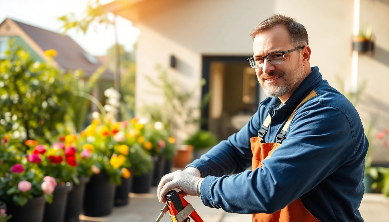 Hausmeister in München kümmert sich um die Pflege und Reinigung eines schönen Gartens.