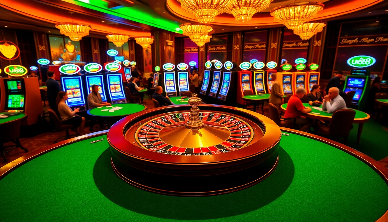 Experience the thrill of gambling at uu88 with players enjoying poker and roulette in a luxurious casino setting.