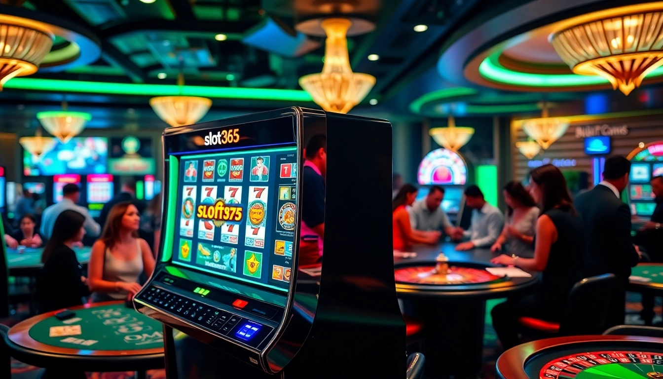 Exciting gamblers engaging at a slot365 machine in a vibrant casino atmosphere.